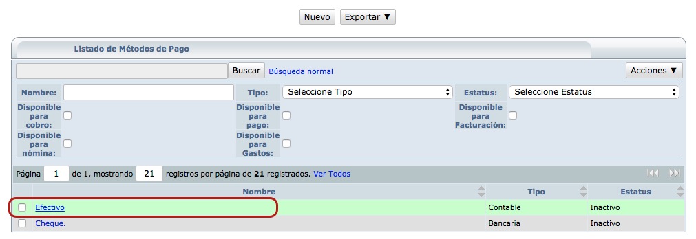 Listado Método Pago SAT